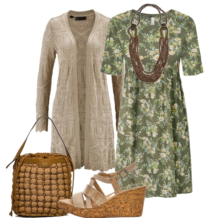 Outfit donna - In città. Stile Casual per Tutti i giorni. Abbinamento con cardigans, vestiti, collane, borse a secchiello, sandali.
