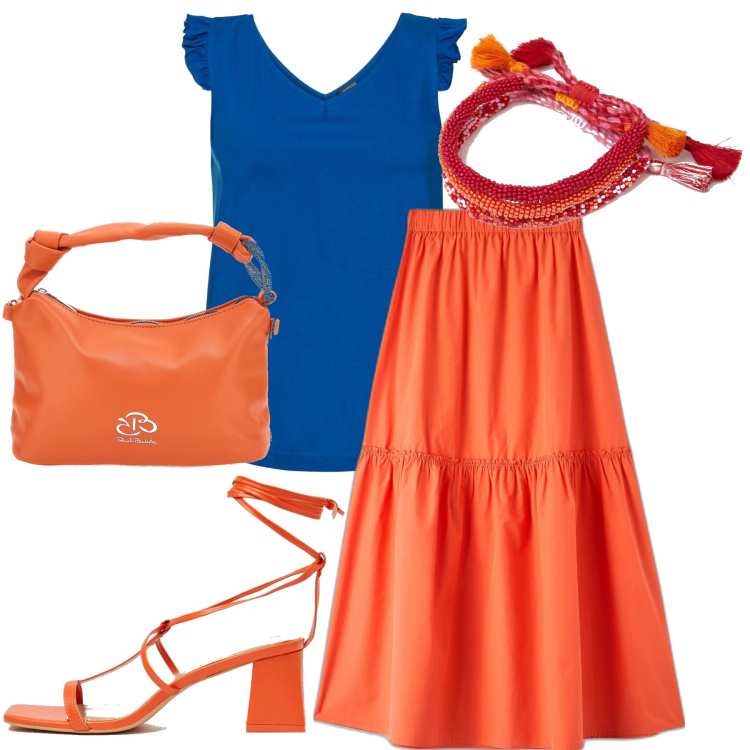 Outfit donna - Total look #1635064. Stile Trendy per Tutti i giorni. Abbinamento con top, gonne lunghe, sandali in pelle, braccialetti, borse a mano.