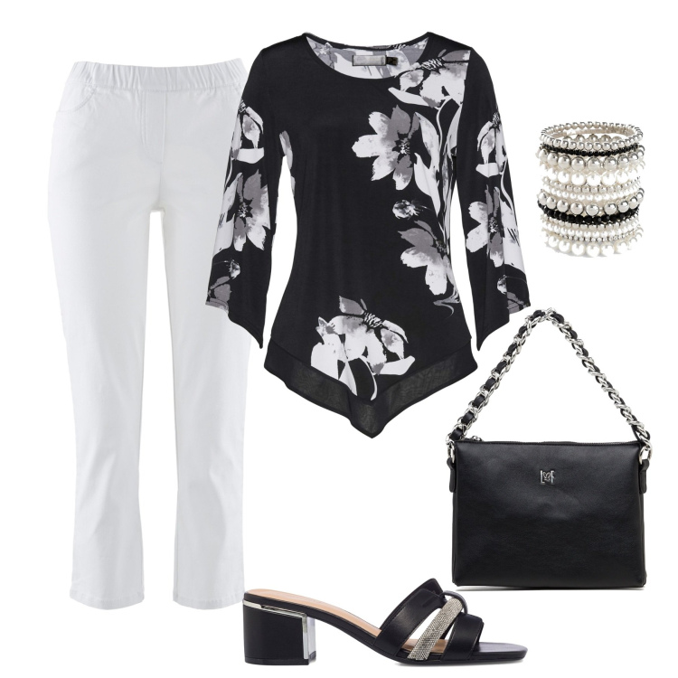 Outfit donna - Da mattina a sera. Stile Casual chic per Tutti i giorni. Abbinamento con pantaloni, braccialetti, maglieria, sandali in pelle, borse a tracolla.
