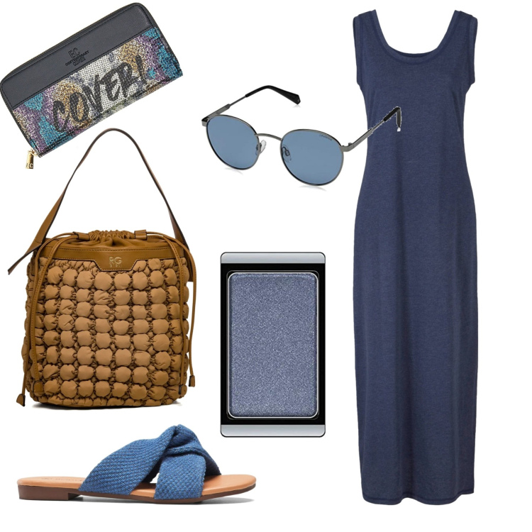 Outfit donna - Blu minimal summer. Stile Minimal per Tutti i giorni. Abbinamento con vestiti, ciabatte, borse a secchiello, ombretti, portafogli, occhiali da sole.