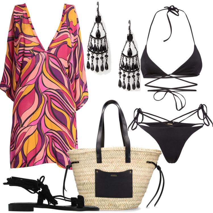 Outfit donna - Boho cbic mare. Stile Boho per Mare. Abbinamento con infradito, vestiti da spiaggia, orecchini, bikini, shopping bag.