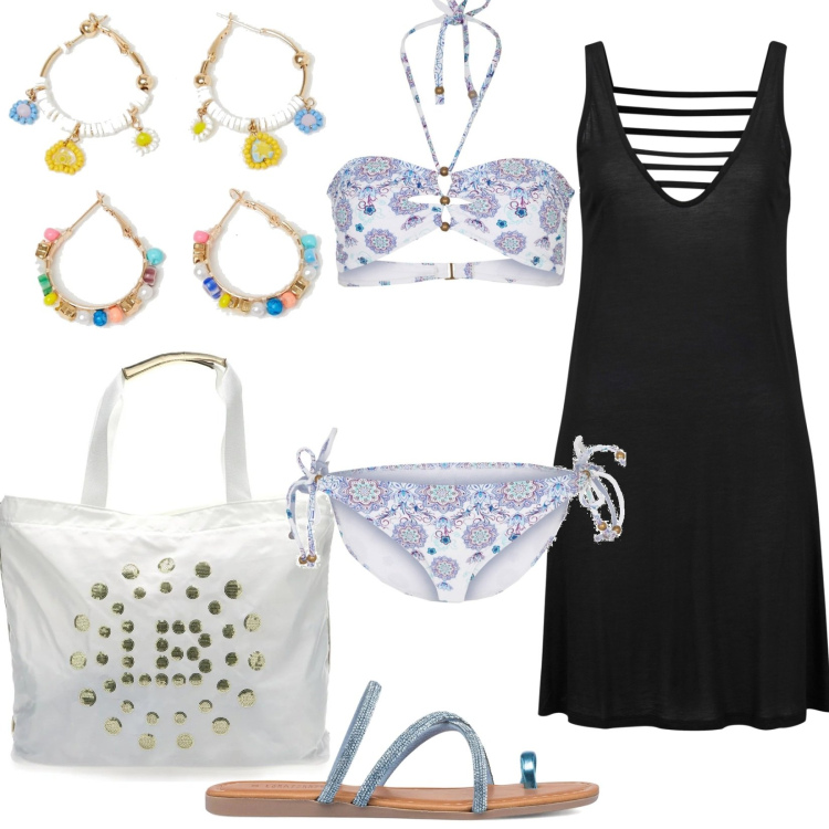 Outfit donna - Mare low-cost con stile. Stile Trendy per Mare. Abbinamento con vestiti da spiaggia, bikini, orecchini, infradito, borse a spalla.