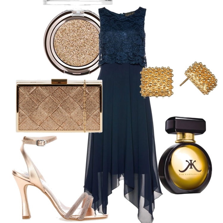 Outfit donna - Serata. Stile Chic per Serata fuori. Abbinamento con vestiti midi/longuette, clutch, sandali col tacco, profumi, orecchini, ombretti.