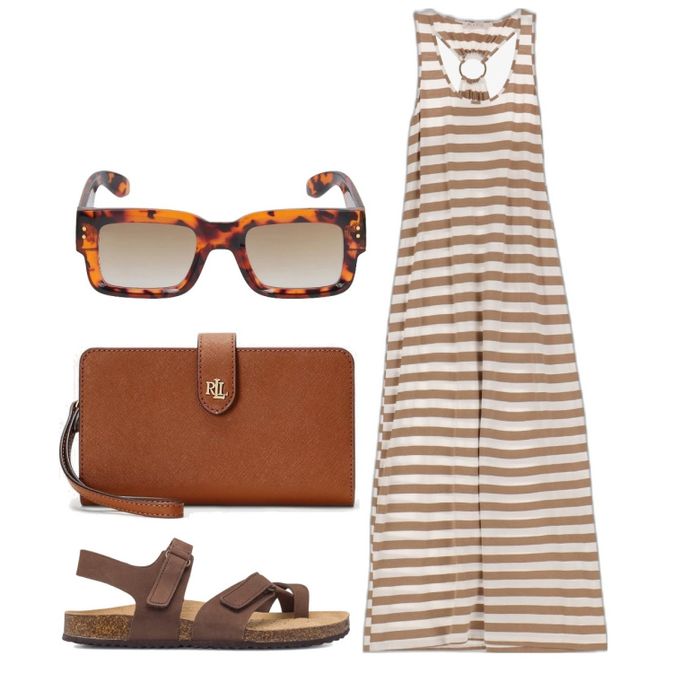 Outfit donna - Tempo libero. Stile Basic per Tutti i giorni. Abbinamento con vestiti lunghi, pochette, sandali in pelle, occhiali da sole.