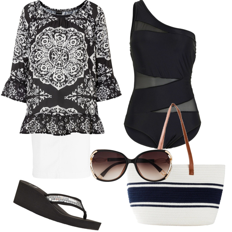 Outfit donna - Il costume intero monospalla. Stile Chic per Mare. Abbinamento con costumi interi, minigonne, infradito, occhiali da sole, tuniche, shopping bag.