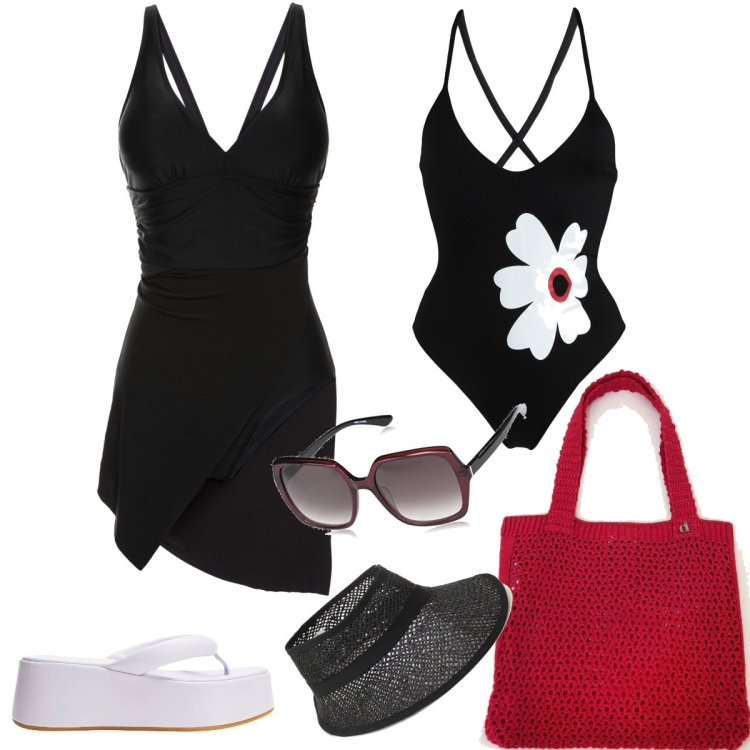 Outfit donna - Fine settimana al mare. Stile Minimal per Mare. Abbinamento con vestiti da spiaggia, costumi interi, infradito, shopping bag, cappelli con visiera, occhiali da sole.