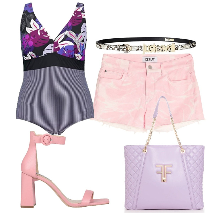 Outfit donna - Total look #1635522. Stile Trendy per Mare. Abbinamento con sandali col tacco, shorts, shopping bag, costumi interi, cinture.