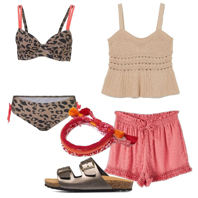 Outfit donna - Pronta per l\'estate?. Stile Etnico per Mare. Abbinamento con bikini, shorts, top, braccialetti, ciabatte.