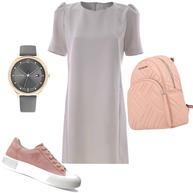 Outfit donna - Abito e sneakers. Stile Casual per Tutti i giorni. Abbinamento con zaini, sneakers, vestiti, orologi analogici.