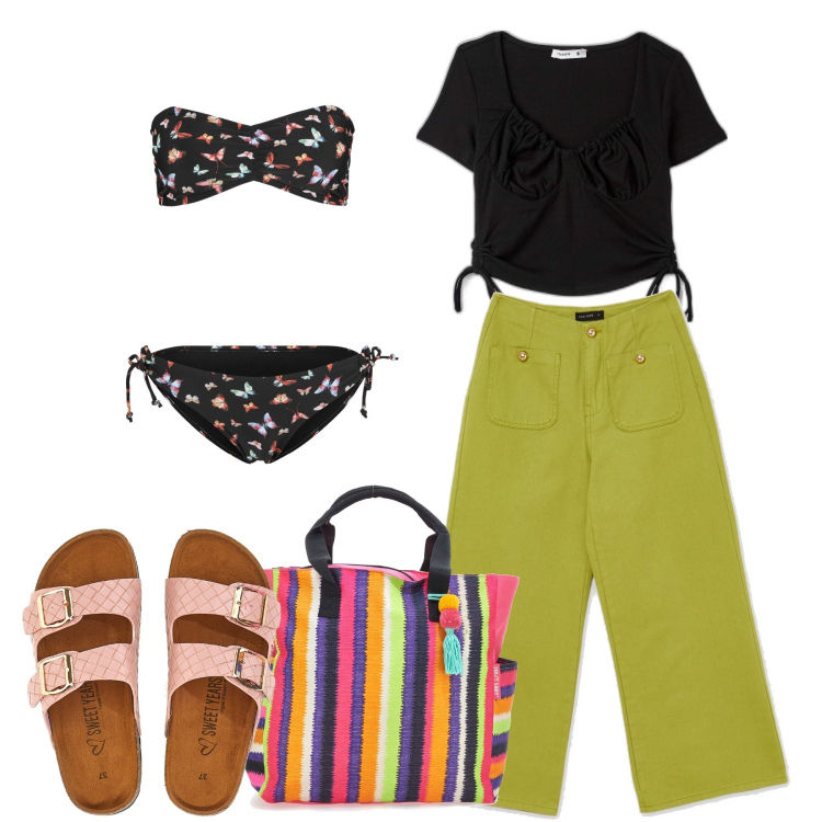 Outfit donna - Multicolor in spiaggia. Stile Casual chic per Mare. Abbinamento con bikini, t-shirt, pantaloni capri, borse a mano, ciabatte.