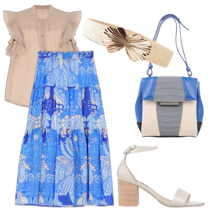 Outfit donna - La gonna fantasia. Stile Romantica per Tutti i giorni. Abbinamento con cinture, borse messenger, sandali col tacco, camicie, vestiti lunghi.