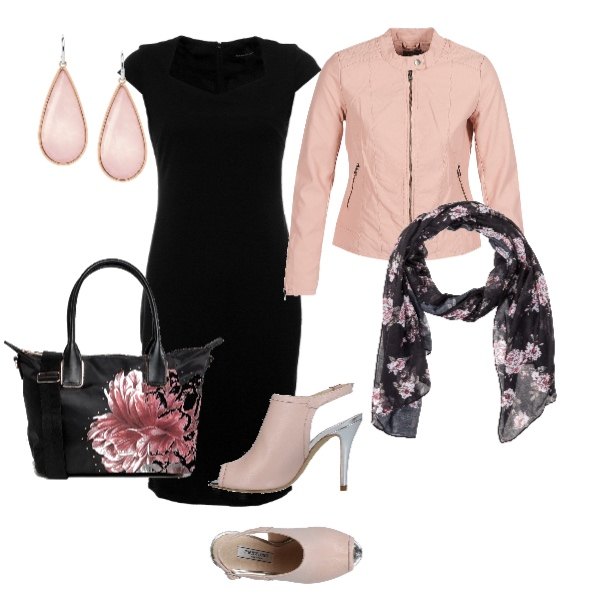 Outfit donna - Tubino nero e particolari rosa. Stile Urban per Tutti i giorni. Abbinamento con reggiseni, sandali pelle con tacco spillo e fibbia con punta tonda tinta unita, giacca rosa, vestito a tubino scollatura, vestito fantasia floreale con borchie e zip vivace, orecchini rosa.