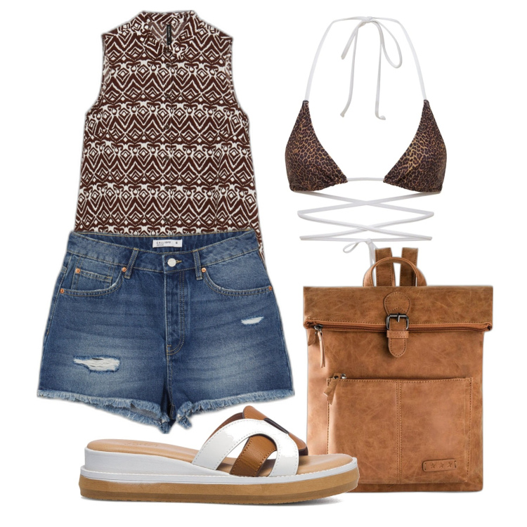 Outfit donna - Marrone e denim. Stile Casual chic per Mare. Abbinamento con zaini, shorts, camicie, sandali in pelle, bikini.