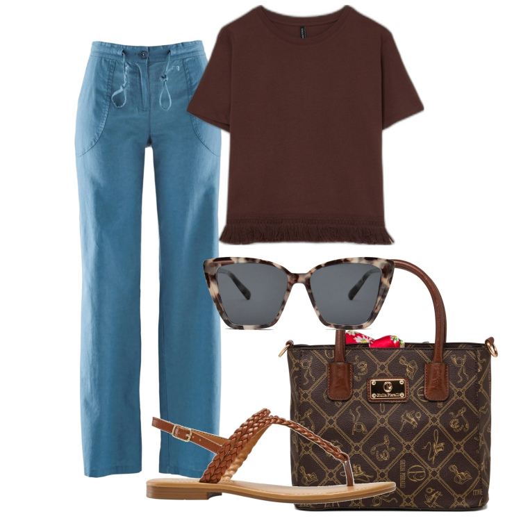 Outfit donna - Accessori caffè. Stile Casual chic per Tutti i giorni. Abbinamento con pantaloni a palazzo, ciabatte, t-shirt, occhiali da sole, borse a mano.