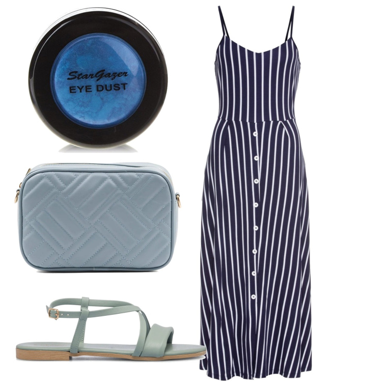 Outfit donna - Lungomare. Stile Basic per Tutti i giorni. Abbinamento con vestiti midi/longuette, sandali in pelle, borse a tracolla, ombretti.