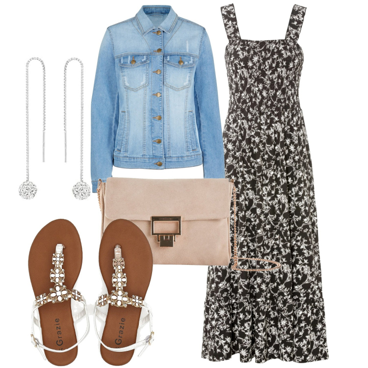 Outfit donna - Gioielli ai piedi. Stile Romantica per Tutti i giorni. Abbinamento con blazer, vestiti midi/longuette, pochette, sandali gioiello, orecchini.