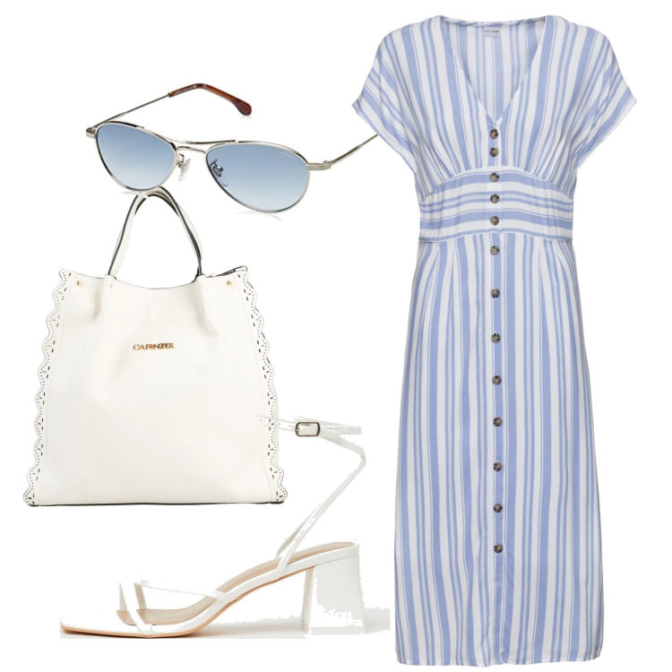 Outfit donna - Righine e bottoni. Stile Bon Ton per Tutti i giorni. Abbinamento con vestiti, borse a mano, sandali in pelle, occhiali da sole.