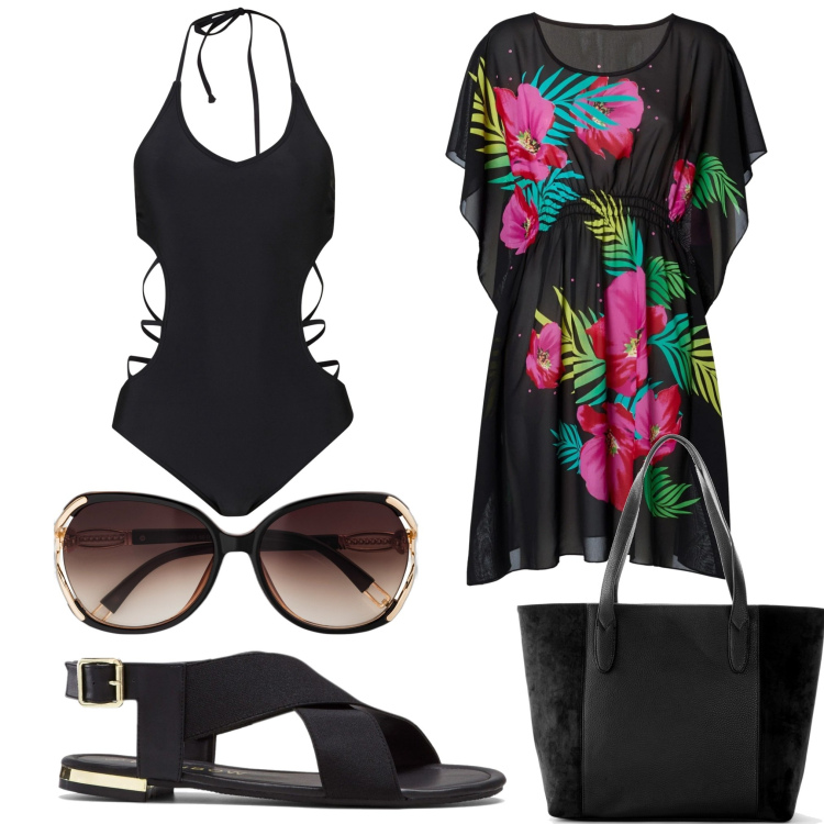 Outfit donna - Total look #1635991. Stile Glamour per Mare. Abbinamento con sandali, occhiali da sole, shopping bag, costumi interi, vestiti da spiaggia.