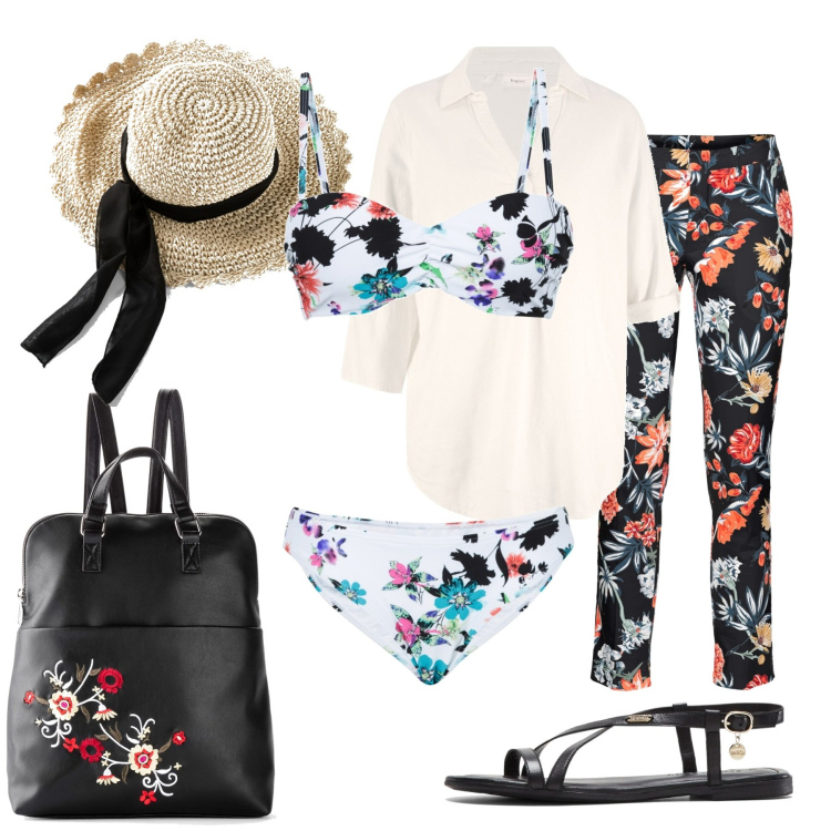 Outfit donna - Fantasia di fiori. Stile Romantica per Mare. Abbinamento con pantaloni, bikini, bluse, zaini, sandali in pelle, cappelli.