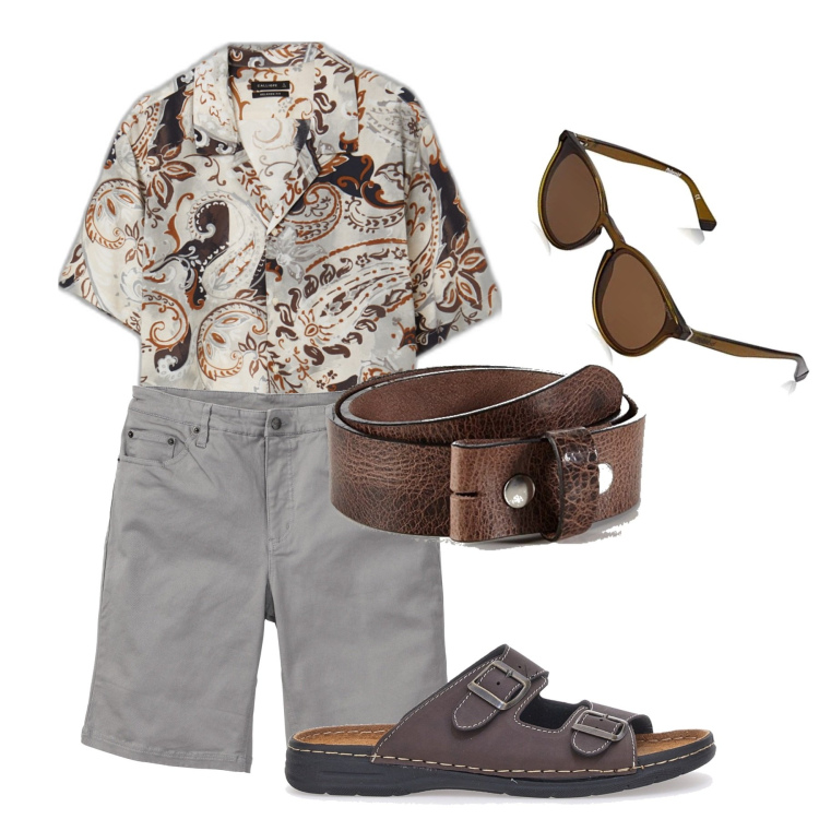 Outfit uomo - Grigio e marrone. Stile Casual per Tutti i giorni. Abbinamento con bermuda, camicie a manica corta, occhiali da sole, cinture, sandali.