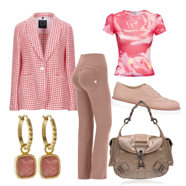Outfit donna - La giacca a quadretti. Stile Casual chic per Ufficio. Abbinamento con scarpe stringate, borse a mano, blazer, pantaloni, t-shirt, orecchini.