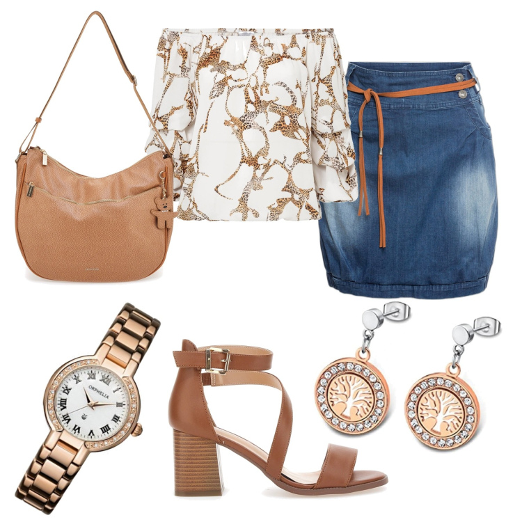 Outfit donna - Al lavoro con la gonna. Stile Glamour per Ufficio. Abbinamento con minigonne, bluse, sandali, orecchini, borse a spalla, orologi analogici.
