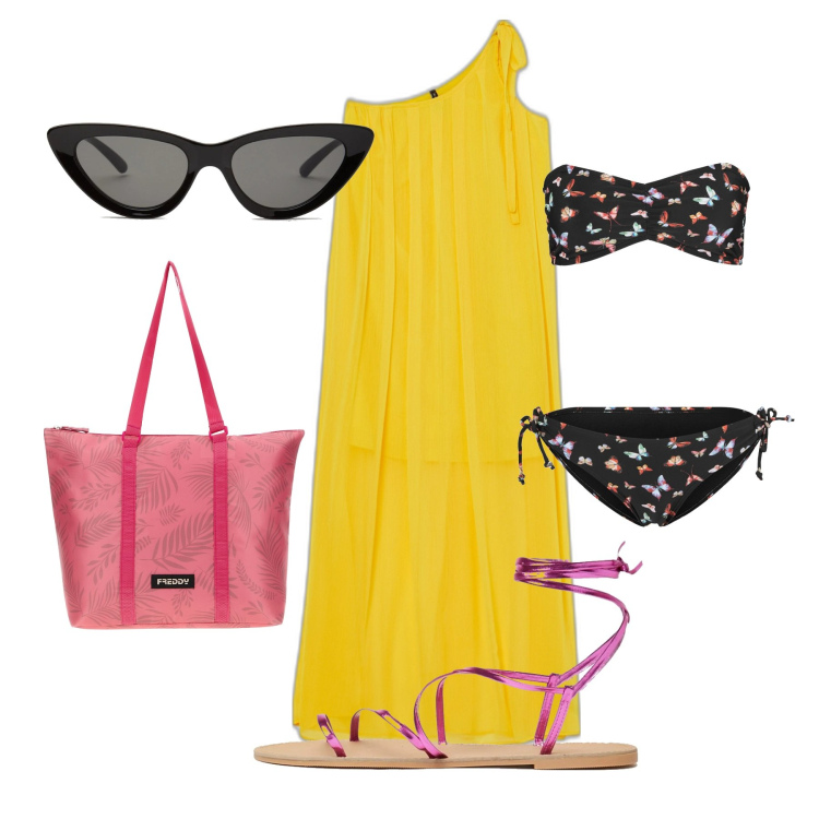 Outfit donna - Al mare. Abbinamento con bikini, vestiti asimmetrici, occhiali da sole, sandali alla schiava, borse tote.