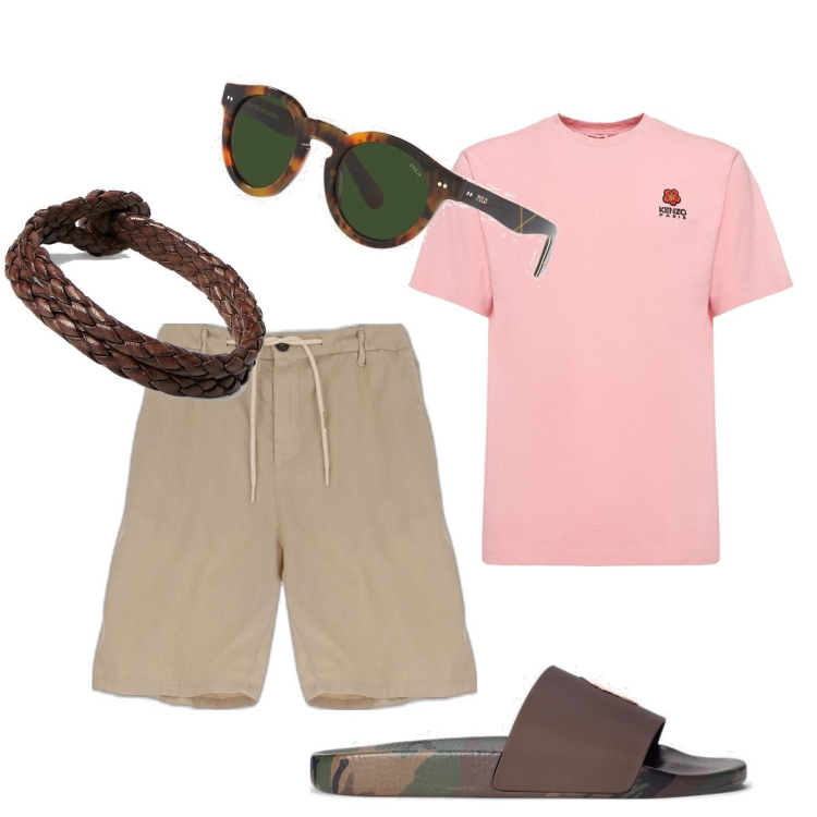 Outfit uomo - Con la t-shirt rosa. Stile Casual per Mare. Abbinamento con shorts, braccialetti, sandali, occhiali da sole, t-shirt.