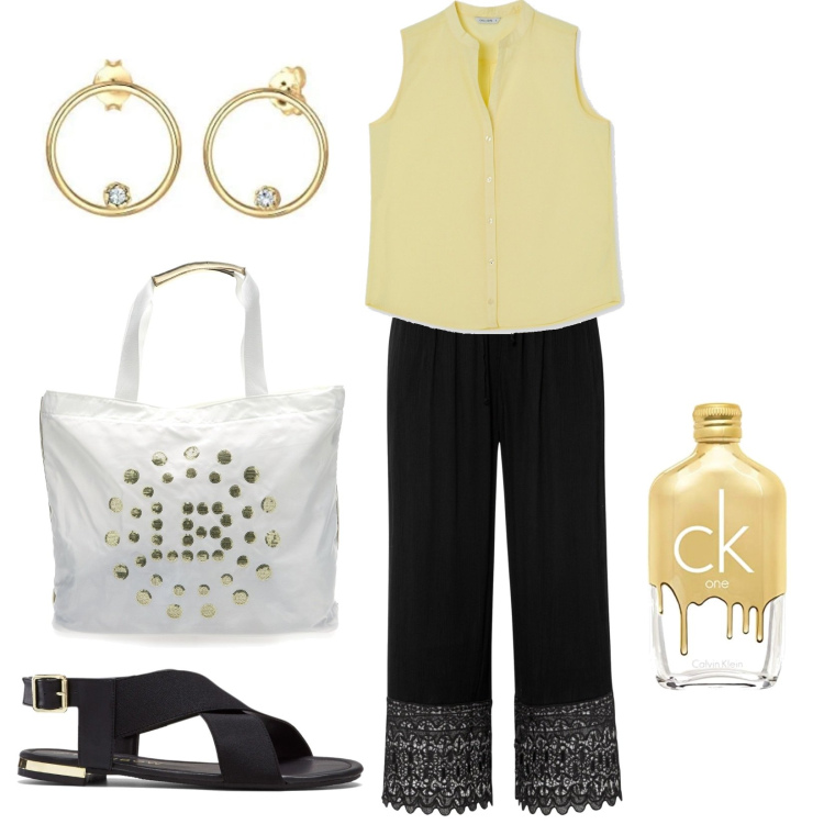 Outfit donna - Pizzo&oro. Stile Casual per Tutti i giorni. Abbinamento con sandali, pantaloni culotte, camicie, profumi, borse a spalla, orecchini.