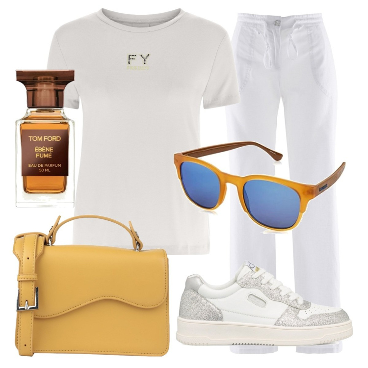 Outfit donna - Total look #1636309. Stile Sporty chic per Tutti i giorni. Abbinamento con pantaloni a palazzo, borse a mano, t-shirt, sneakers, occhiali da sole, profumi.