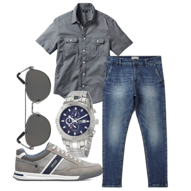 Outfit uomo - A mezze maniche. Stile Casual per Tutti i giorni. Abbinamento con camicie a manica corta, jeans, sneakers, orologi, occhiali da sole.