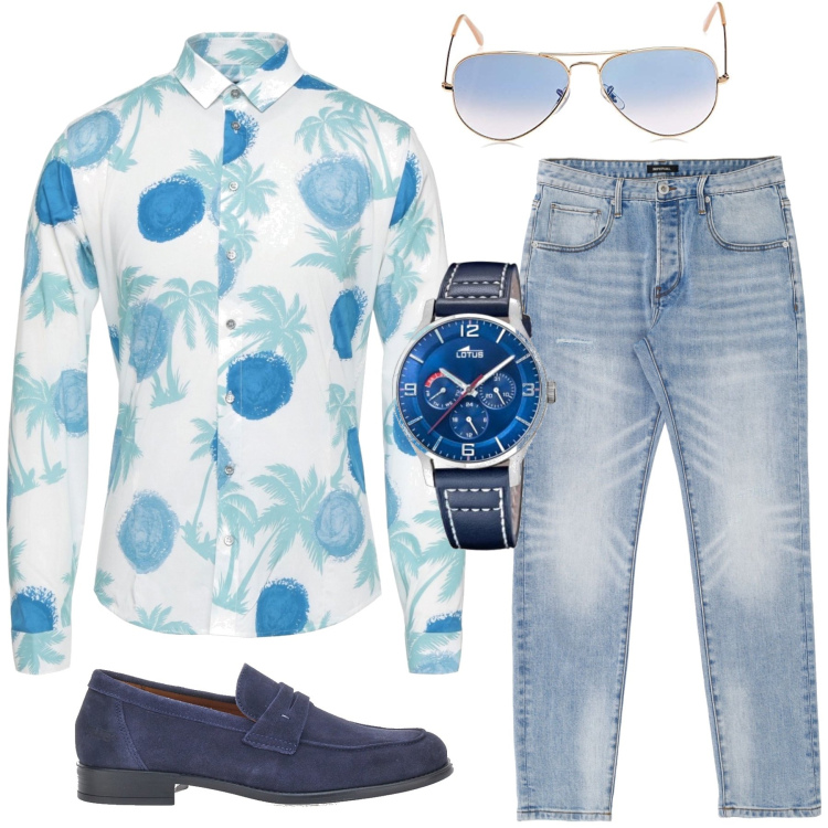 Outfit uomo - Shades of blu. Stile Trendy per Tutti i giorni. Abbinamento con jeans dritti, camicie, orologi, scarpe stringate, occhiali da sole.