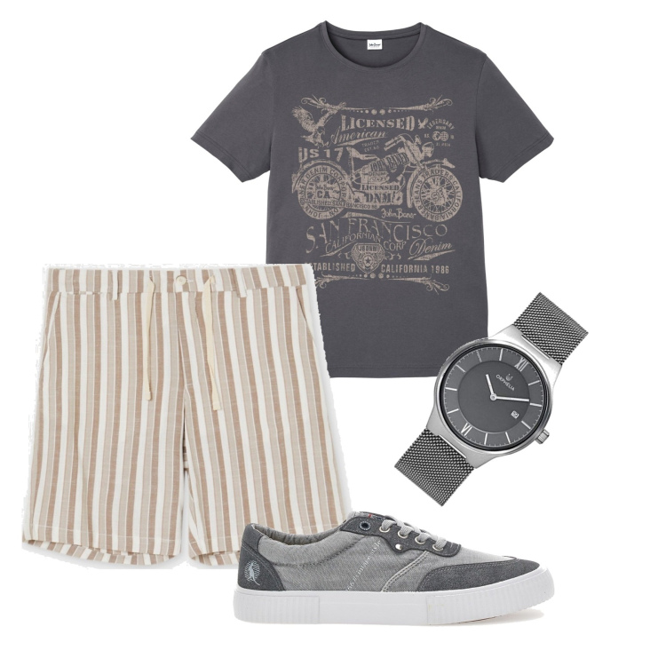 Outfit uomo - Vado al mare. Stile Casual per Mare. Abbinamento con t-shirt, bermuda, orologi analogici, sneakers.