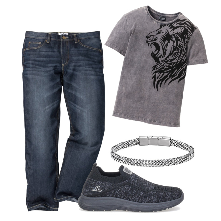 Outfit uomo - Lion. Stile Casual per Tutti i giorni. Abbinamento con jeans dritti, t-shirt, braccialetti, sneakers.