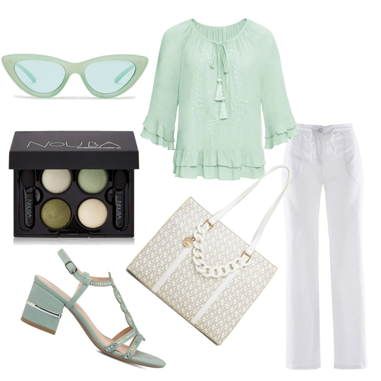 Outfit donna - Il pantalone e blusa bohemien per giugno. Stile Casual chic per Tutti i giorni. Abbinamento con pantaloni a palazzo, tuniche, occhiali da sole, sandali in pelle, borse a spalla, ombretti.