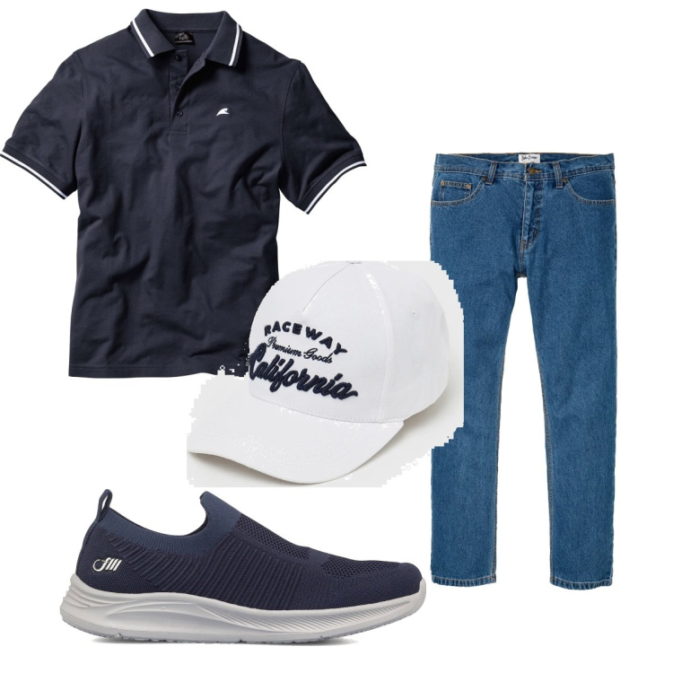 Outfit uomo - Total look #1636385. Stile Casual per Tutti i giorni. Abbinamento con jeans dritti, polo, cappelli con visiera, sneakers.