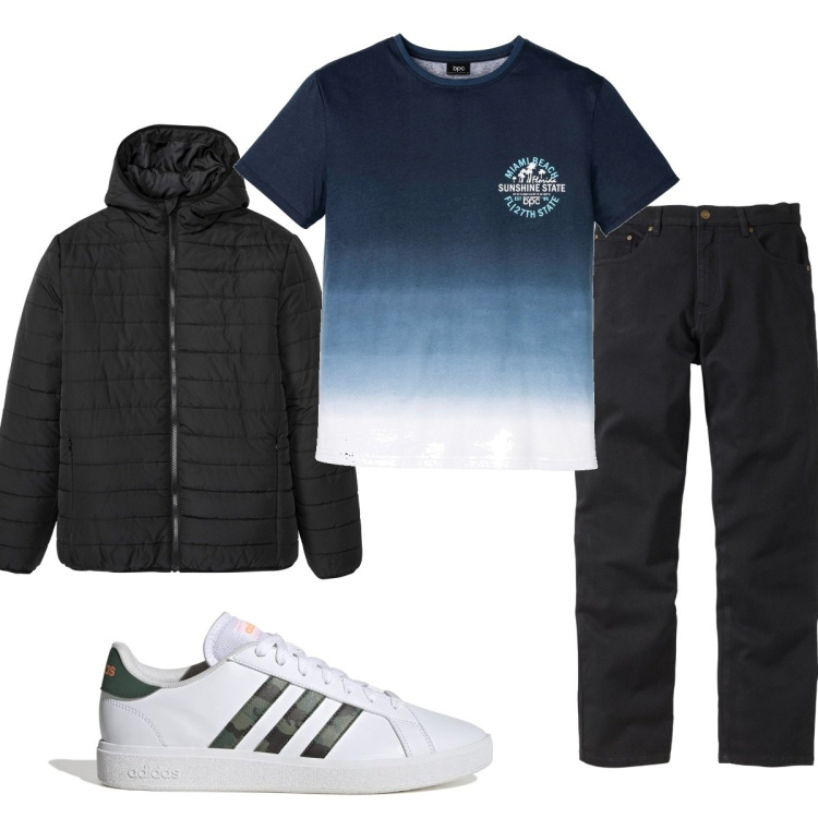 Outfit uomo - Total look #1636398. Stile Casual per Tutti i giorni. Abbinamento con jeans dritti, t-shirt, maglione melange con zip in in maglia blu, sneakers.