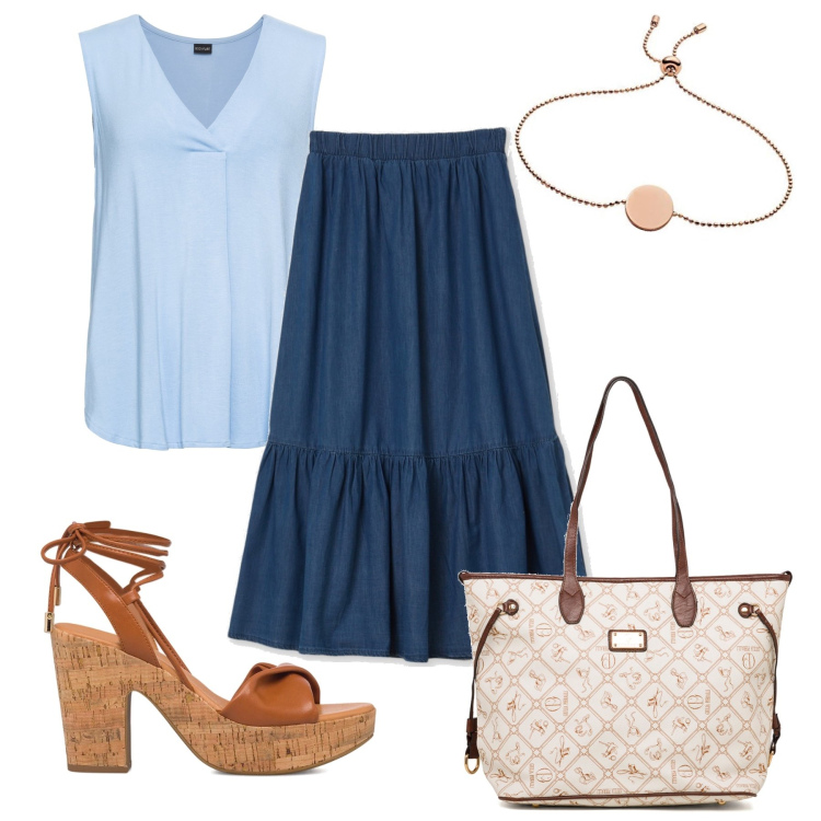 Outfit donna - Il gonnellone blu. Stile Bon Ton per Ufficio. Abbinamento con top, gonne lunghe, sandali alla schiava, borse a spalla, braccialetti.