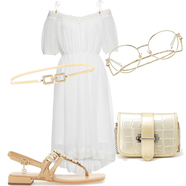 Outfit donna - Oro a giugno. Stile Glamour per Mare. Abbinamento con vestiti, cinture, pochette, infradito, occhiali.