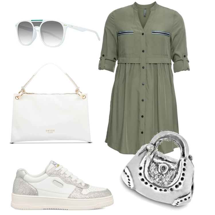 Outfit donna - La charms borsetta. Stile Casual per Tutti i giorni. Abbinamento con vestiti chemisier, sneakers, borse a mano, braccialetti, occhiali da sole.