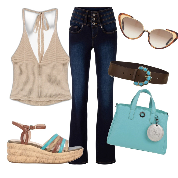 Outfit donna - Anni 70. Stile Vintage retrò per Tutti i giorni. Abbinamento con jeans bootcut, sandali in pelle, borse a mano, occhiali da sole, top, cinture.