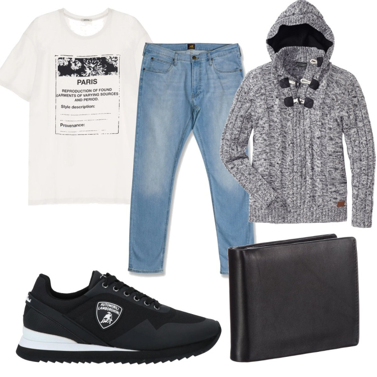 Outfit uomo - Total look #1636786. Stile Trendy per Tutti i giorni. Abbinamento con maglieria, sneakers, t-shirt, jeans slim fit, portafogli.