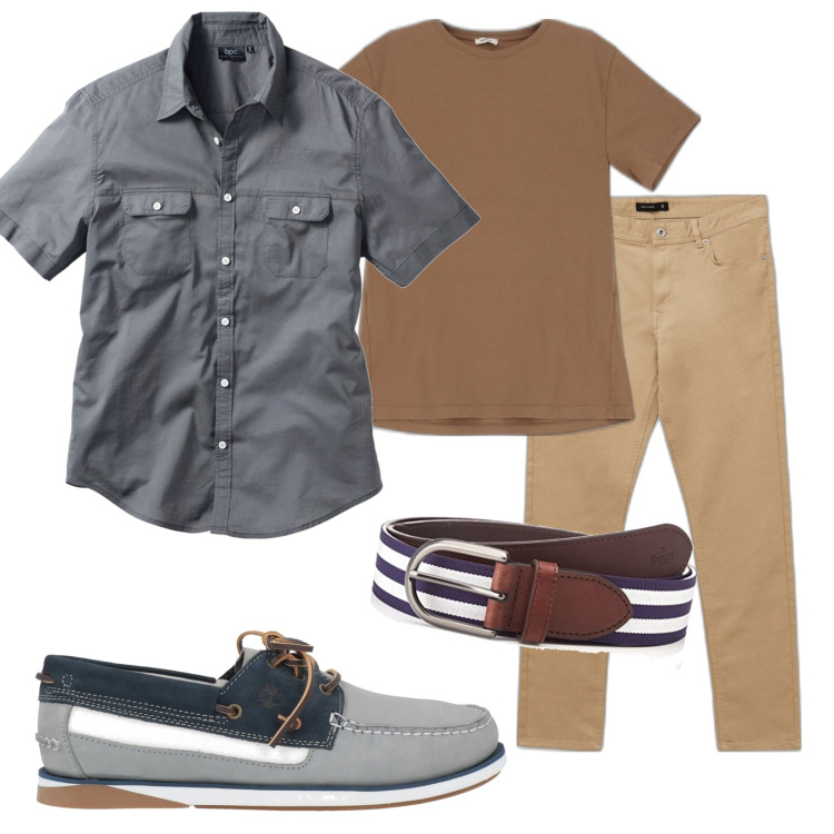 Outfit uomo - Timberland. Stile Trendy per Tutti i giorni. Abbinamento con camicie a manica corta, scarpe stringate, t-shirt, pantaloni, cinture.