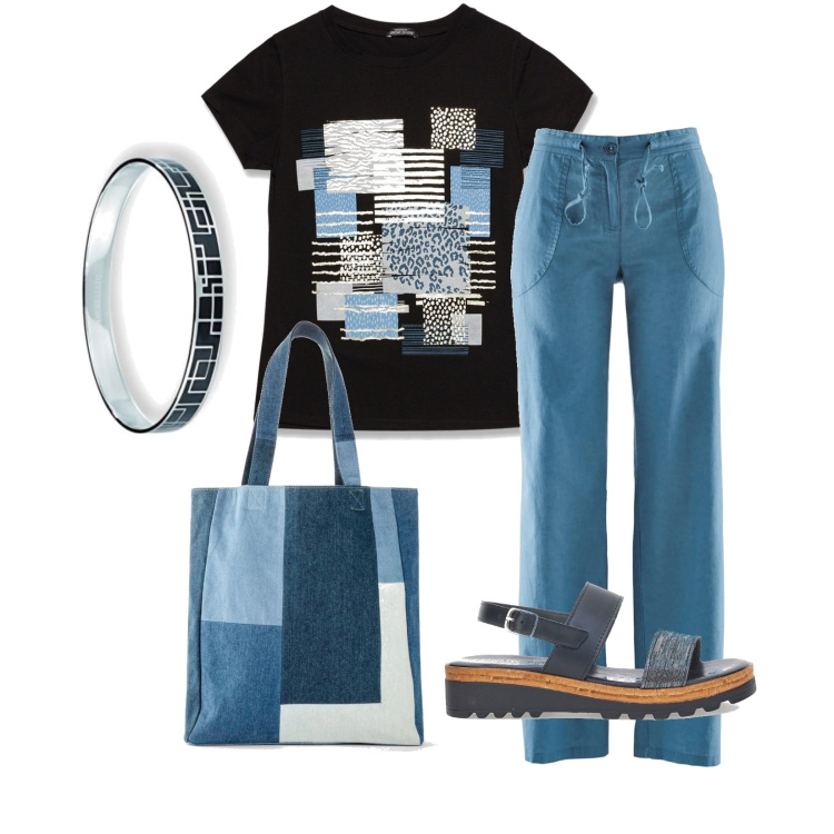 Outfit donna - Total look #1636890. Stile Casual per Tutti i giorni. Abbinamento con pantaloni a palazzo, shopping bag, t-shirt, sandali in pelle, braccialetti.