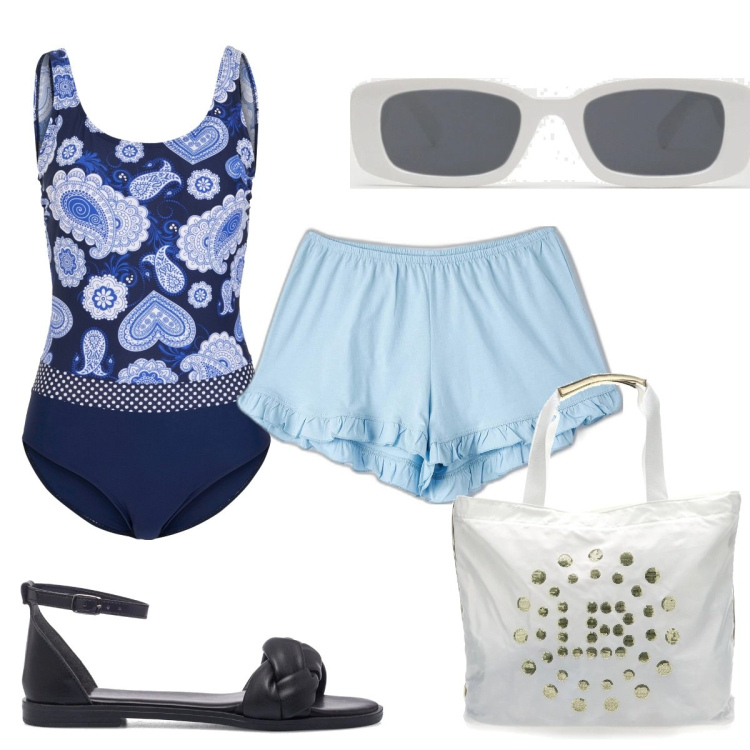 Outfit donna - Total look #1636901. Stile Trendy per Mare. Abbinamento con costumi interi, pantaloni corti, occhiali da sole, sandali in pelle, borse a spalla.