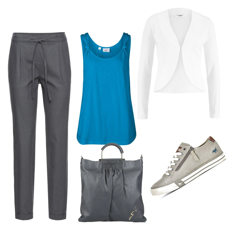 Outfit donna - Il cielo è blu sopra le nuvole (veg ok). Stile Casual per Tutti i giorni. Abbinamento con borse a mano, pantaloni, top, blazer, sneakers.