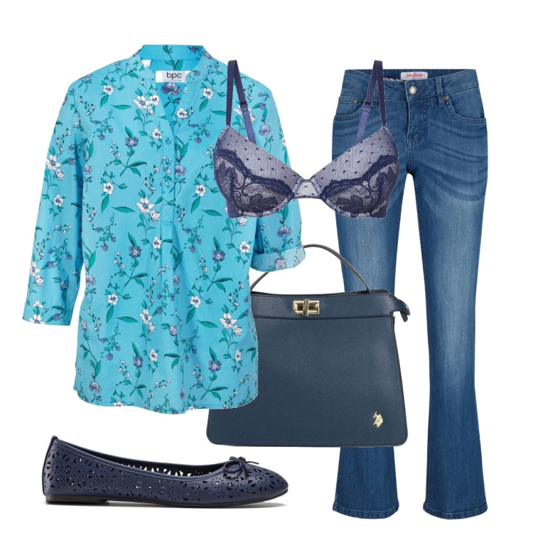 Outfit donna - Mi accendo di azzurro. Stile Romantica per Tutti i giorni. Abbinamento con ballerine, jeans bootcut, bluse, reggiseni, borse a mano.