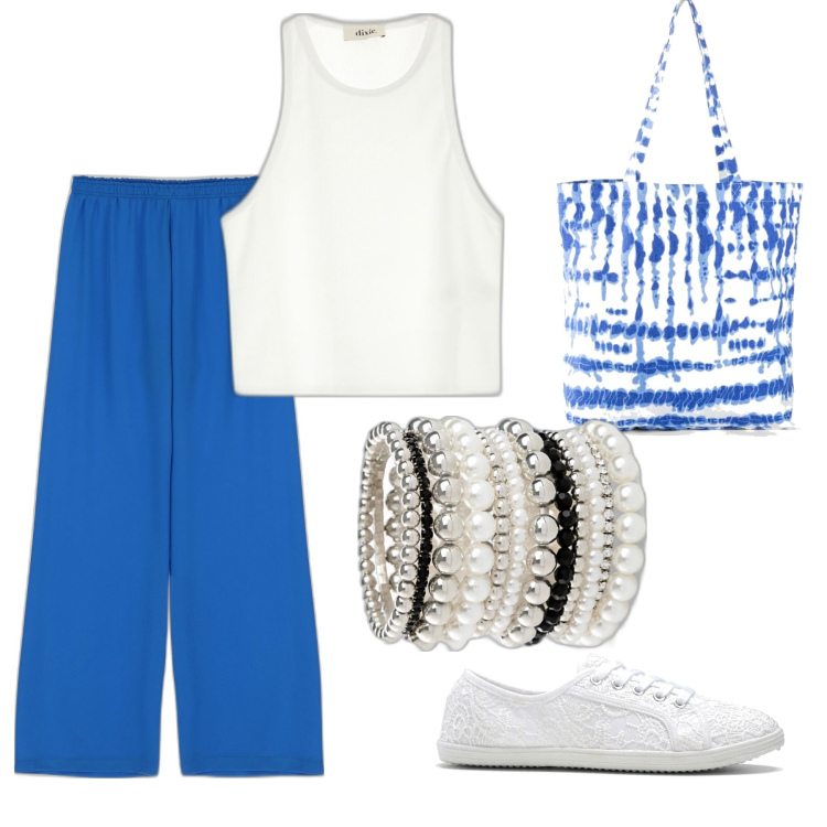 Outfit donna - Blue summer. Stile Casual per Tutti i giorni. Abbinamento con braccialetti, sneakers, shopping bag, pantaloni a palazzo, top.