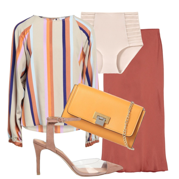Outfit donna - Rigata e sofisticata. Stile Chic per Ufficio. Abbinamento con culotte, décolleté, borse a tracolla, bluse, gonne longuette.