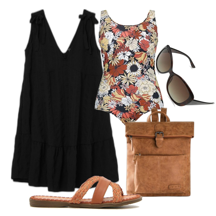 Outfit donna - Il telo nello zaino. Stile Chic per Mare. Abbinamento con zaini, vestiti corti, costumi interi, ciabatte, occhiali da sole.